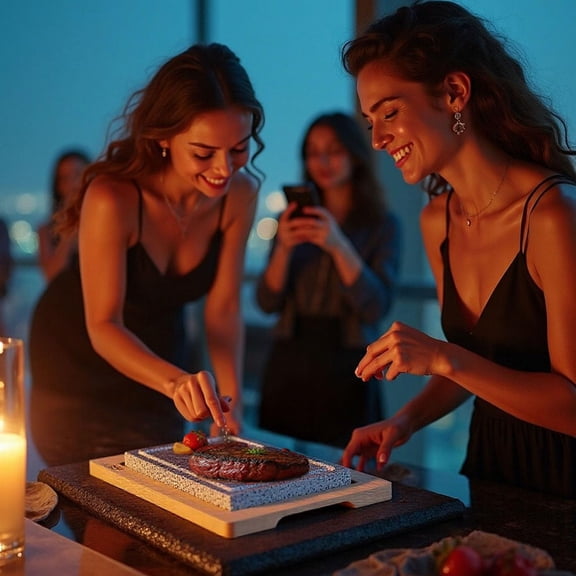 Steak Stone Grill Set with 2 Granite Stones & 1 Bamboo Tray - Premium Reusable Cooking Stone for Sizzling Steaks, BBQ, Hibachi, Kitchen & Outdoor Grilling - Heat-Resistant Natural Granite