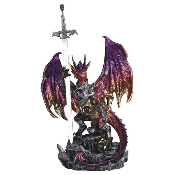 StealStreet 17" Purple and Grey Dragon with Armor and Sword Statue Figurine