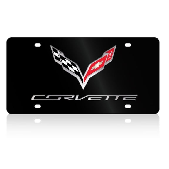 Stealth Black Premium Carbon Steel License Plate 3D Corvette Blacked Out Emblem