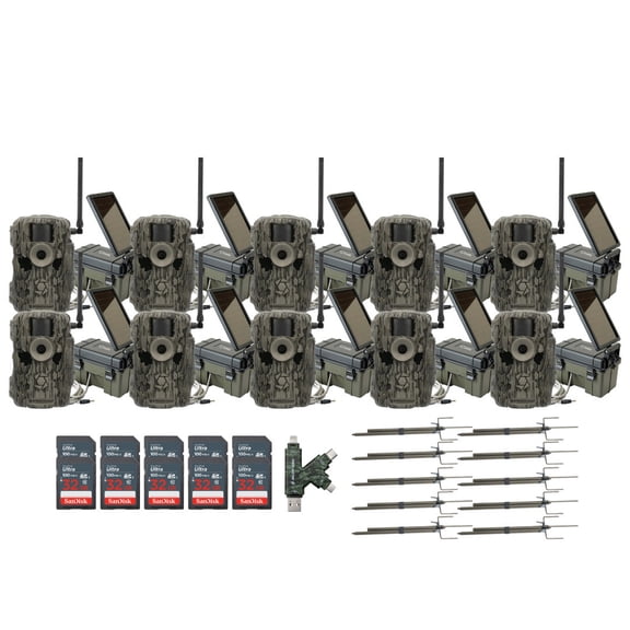 Stealth Cam 36MP Fusion Max Cellular Trail Camera (10-Pack) Bundle with Solar Power Pack (10-Pack), Trail Camera Mount Stick (10-Pack), 32GB Memory Card (10-Pack), and USB 2.0 Card Reader (41 Items)