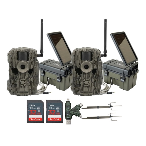 Stealth Cam 36MP Fusion Max Cellular Trail Camera (2-Pack) Bundle with Solar Power Pack (2-Pack), Trail Camera Mount Stick (2-Pack), 32GB Memory Card (2-Pack), and USB 2.0 Card Reader (9 Items)