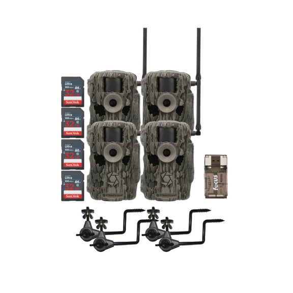 Stealth Cam 36MP Fusion Max Cellular Trail Camera (2-Pack) x 2 Bundle with Economy Trail Camera Holder (4-Pack), 4-In-1 Card Reader, and 32GB Ultra SDHC UHS-I Memory Card (4-Pack) (11 Items)
