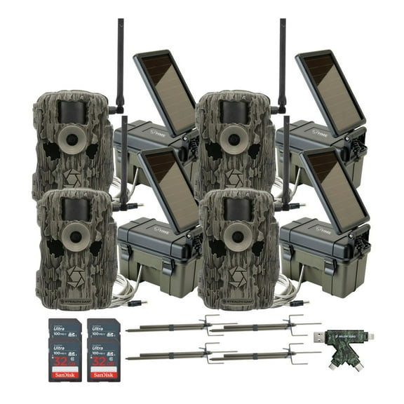Stealth Cam 36MP Fusion Max Cellular Trail Camera (4-Pack) Bundle with Solar Power Pack (4-Pack), Trail Camera Mount Stick (4-Pack), 32GB Memory Card (4-Pack), and USB 2.0 Card Reader (17 Items)