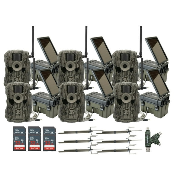 Stealth Cam 36MP Fusion Max Cellular Trail Camera (6-Pack) Bundle with Solar Power Pack (6-Pack), Trail Camera Mount Stick (6-Pack), 32GB Memory Card (6-Pack), and USB 2.0 Card Reader (25 Items)