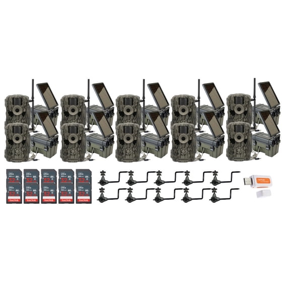 Stealth Cam 36MP Fusion Max Cellular Trail Camera with 80 Feet Detection Range (10-Pack) Bundle with 10x Solar Power Pack, 10x Camera Holder, 10x 32GB Memory Card, and Card Reader (41 Items)