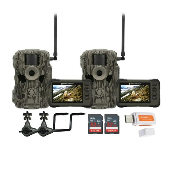 Stealth Cam 36MP Fusion Max Cellular Trail Camera with 80 Feet Detection Range (2-Pack) Bundle with 2x SD Card Viewer, 2x Camera Holder, 2x 32GB Memory Card, and Card Reader (9 Items)