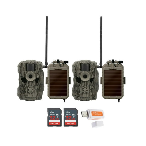 Stealth Cam 36MP Fusion Max Cellular Trail Camera with 80 Feet Detection Range (2-Pack) Bundle with Battery Pack, Solar Panel, and Cable (2-Pack), 32GB Memory Card (2-Pack), and Card Reader (7 Items)