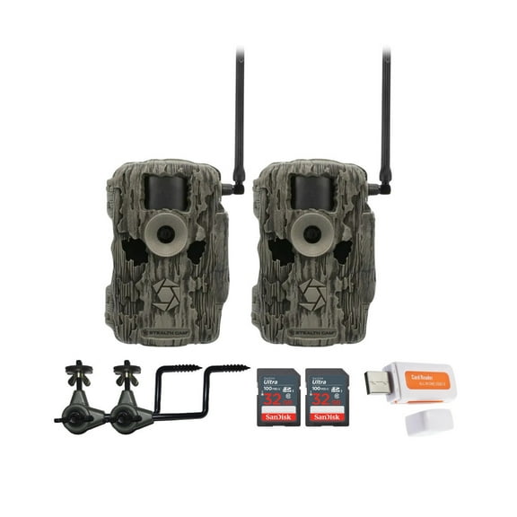 Stealth Cam 36MP Fusion Max Cellular Trail Camera with 80 Feet Detection Range (2-Pack) Bundle with Camera Holder (2-Pack), 32GB Memory Card (2-Pack), and Hi-Speed SD USB 2.0 Card Reader (7 Items)