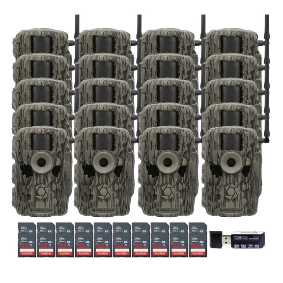 Stealth Cam 36MP Fusion Max Cellular Trail Camera with 80-Feet Detection Range (2-Pack) x 10 Bundle with Mounting Post (20-Pack), 32GB UHS-I Memory Card (20-Pack), and 4-in-1 Card Reader (51 Items)