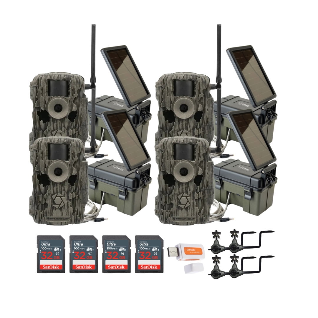 Stealth Cam 36MP Fusion Max Cellular Trail Camera with 80 Feet Detection Range (4-Pack) Bundle with 4x Solar Power Pack, 4x Camera Holder, 4x 32GB Memory Card, and Card Reader (17 Items)