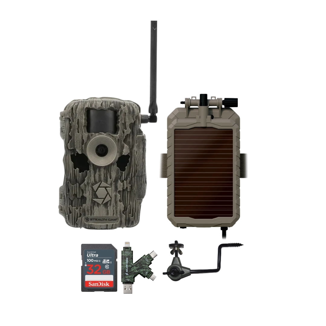 Stealth Cam 36MP Fusion Max Cellular Trail Camera Bundle with Lithium Solar Power Panel, Trail Camera Holder, 32GB Memory Card, and Card Reader (5 Items)