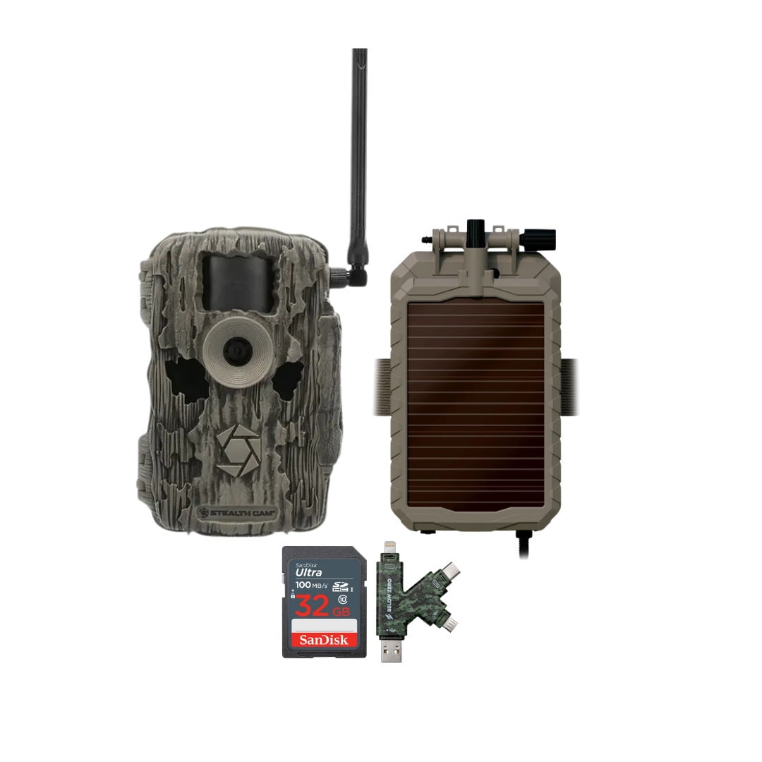 Stealth Cam 36MP Fusion Max Cellular Trail Camera Bundle with Lithium Solar Power Panel, 32GB Memory Card, and Card Reader (4 Items)