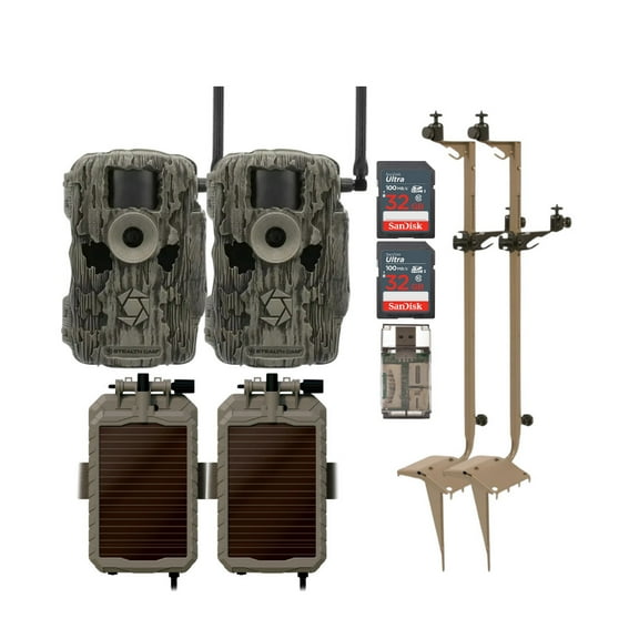 Stealth Cam 36MP Fusion Max Cellular Trail Camera with Infrared Flash (2-Pack) Bundle with Solar Power Panel (2-Pack), Mounting Post (2-Pack), 32GB Memory Card (2-Pack), and Card Reader (9 Items)