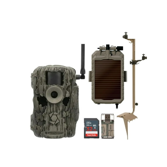 Stealth Cam 36MP Fusion Max Cellular Trail Camera with Infrared Flash with 80-Feet Detection Range Bundle with Solar Power Panel, Mounting Post, 32GB Memory Card, and Card Reader (5 Items)