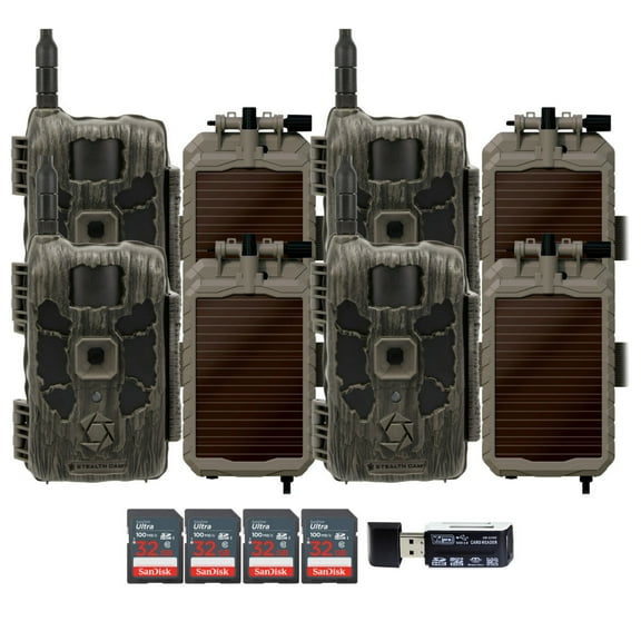 Stealth Cam 40MP Deceptor Max Cellular Trail Camera with 0.4-Second Trigger Speed (2-Pack) x 2 Bundle with Lithium Solar Power Panel (4-Pack), Card Reader, and 32GB Memory Card (4-Pack) (11 Items)