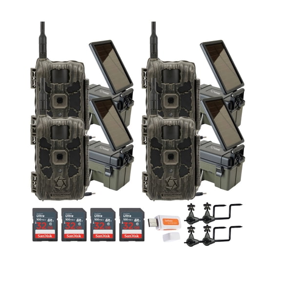 Stealth Cam 40MP Deceptor Max Cellular Trail Camera with 0.4-Second Trigger Speed (4-Pack) Bundle with 4x Solar Power Pack, 4x Camera Holder, 4x 32GB Memory Card, and Card Reader (17 Items)