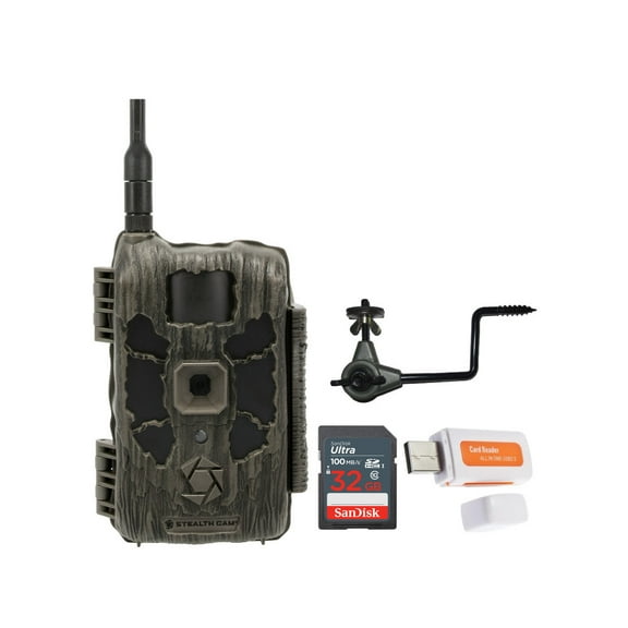 Stealth Cam 40MP Deceptor Max Cellular Trail Camera with 0.4-Second Trigger Speed Bundle with Camera Holder, 32GB Memory Card, and Card Reader (4 Items)