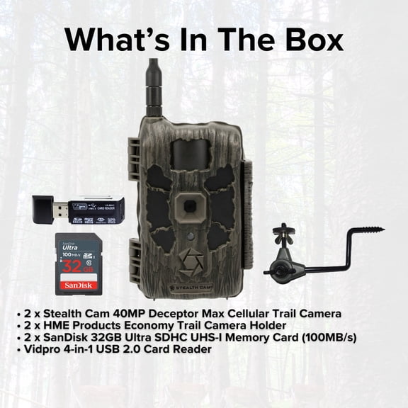 Stealth Cam 40MP Deceptor Max Cellular Trail Camera (2-Pack) Bundle with Economy Trail Camera Holder (2-Pack), 4-in-1 Card Reader, and 32GB Memory Card (2-Pack) (6 Items)
