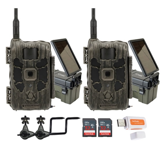 Stealth Cam 40MP Deceptor Max Cellular Trail Camera (2-Pack) Bundle with Solar Power Pack (2-Pack), Camera Holder (2-Pack), 32GB Memory Card (2-Pack), and Card Reader (9 Items)