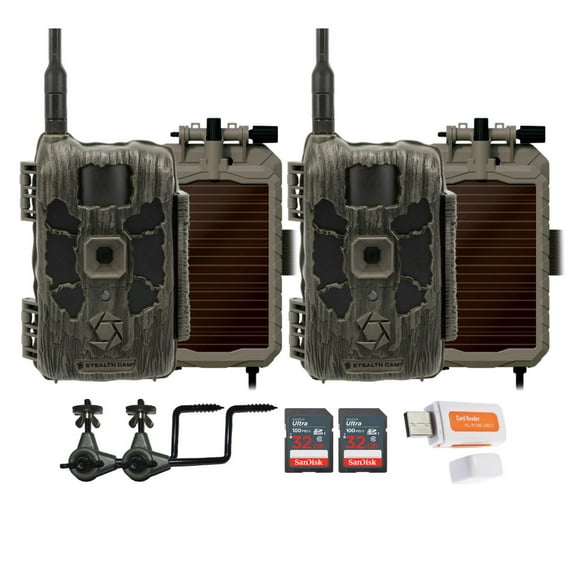 Stealth Cam 40MP Deceptor Max Cellular Trail Camera (2-Pack) Bundle with Stealth Cam Solar Power Panel (2-Pack), Trail Camera Holder (2-Pack), 32GB Memory Card (2-Pack), and Card Reader (9 Items)