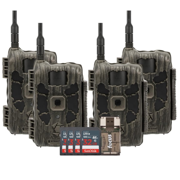 Stealth Cam 40MP Deceptor Max Cellular Trail Camera with 0.4-Second Trigger Speed 4-Pack with Four 32GB Memory Cards and Card Reader