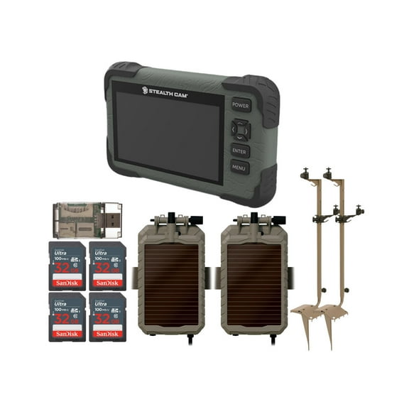 Stealth Cam Adjustable Multi-Pivot Mounting Post (2-Pack) Bundle with Solar Power Panel (2-Pack), SD Card Reader-Viewer (2-Pack), 32GB Memory Card (4-Pack), and 4-In-1 USB Card Reader (11 Items)