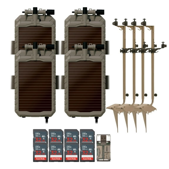 Stealth Cam Adjustable Multi-Pivot Mounting Post for Trail Camera and Battery (4-Pack) Bundle with Lithium Solar Power Panel (4-Pack), 32GB Memory Card (8-Pack), and Card Reader USB 2.0 (17 Items)