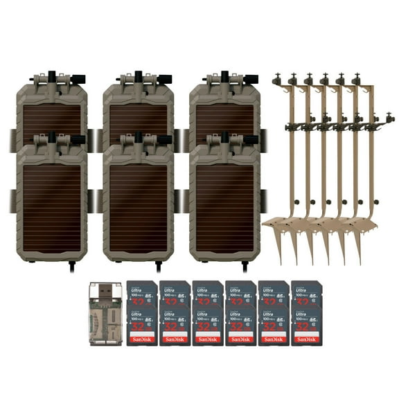 Stealth Cam Adjustable Multi-Pivot Mounting Post for Trail Camera and Battery (6-Pack) Bundle with Lithium Solar Power Panel (6-Pack), 32GB Memory Card (12-Pack), and SD Card Reader USB 2.0 (25 Items)