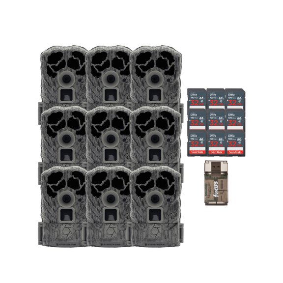 Stealth Cam Browtine 16MP Game Camera, Durable, 60ft Infra-red Detection Range, Burst Mode 480 Video at 30FPS with 32 GB Memory Card and Card Reader (9 Pack)