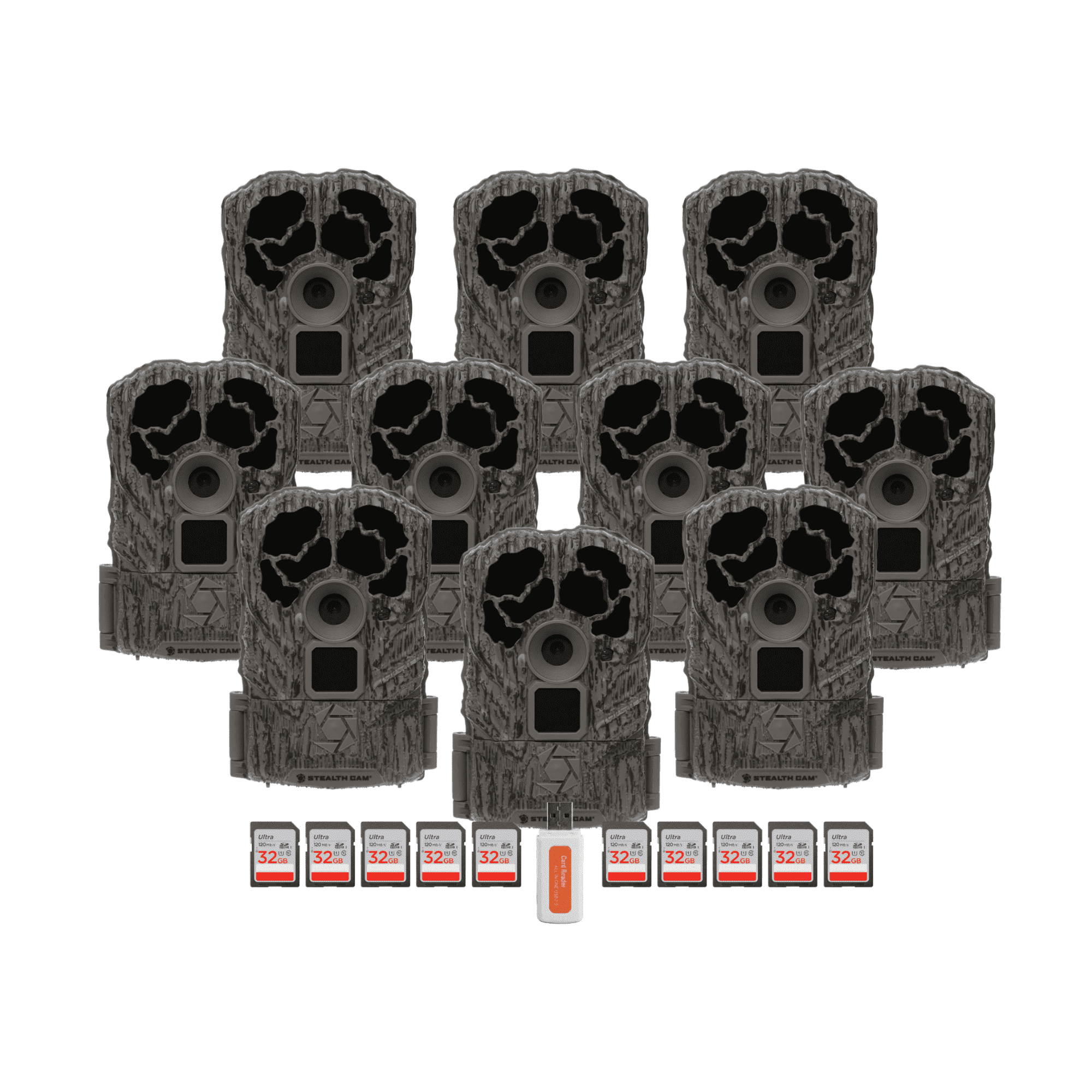 Stealth Cam Browtine 16MP Durable Trail Camera Bundle with 32GB Ultra SDHC UHS-I Memory Card, and High-Speed Card Reader (10-Pack, 21 Items)