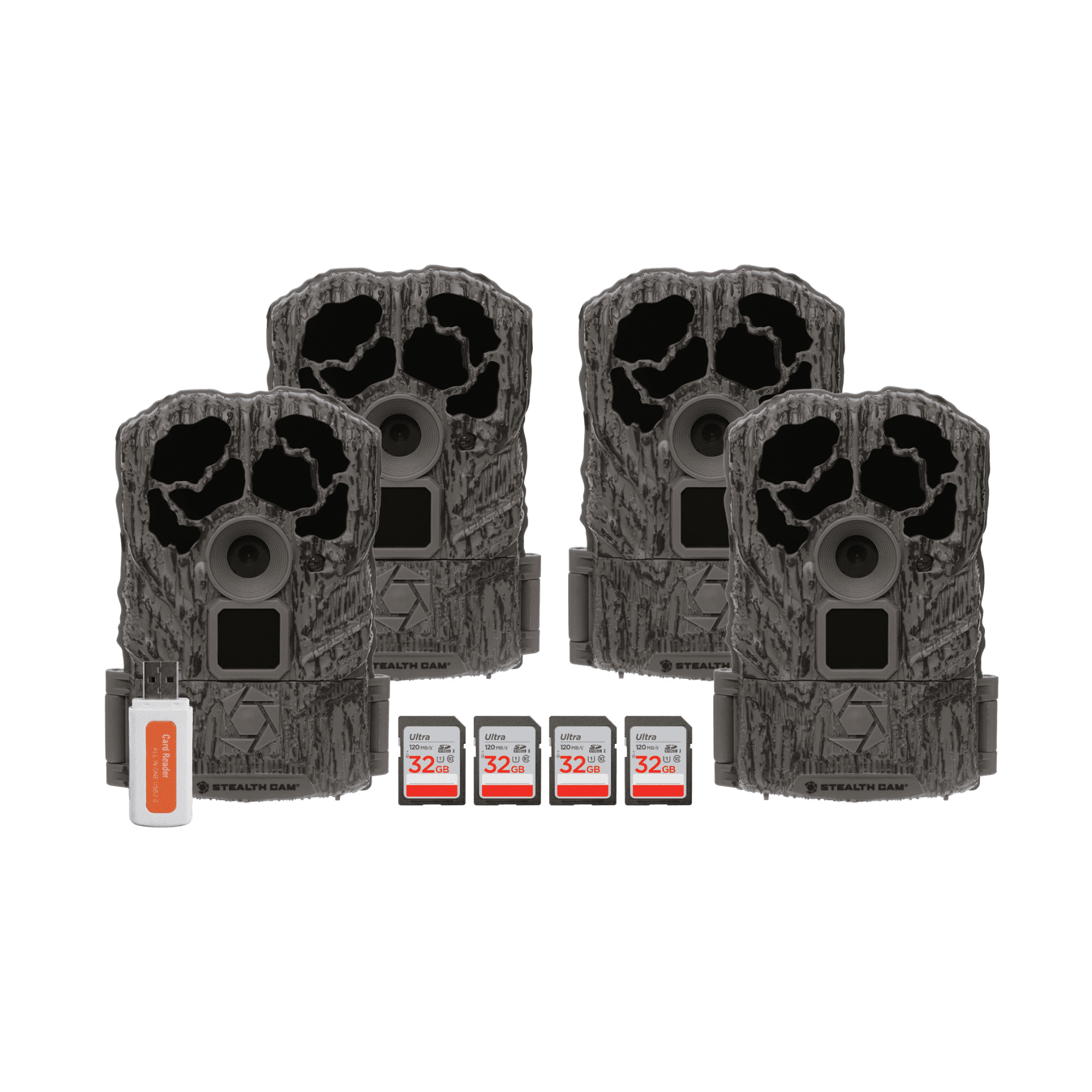 Stealth Cam Browtine 16MP Durable Trail Camera Bundle with 32GB Ultra SDHC UHS-I Memory Card, and High-Speed Card Reader (4-Pack, 9 Items)