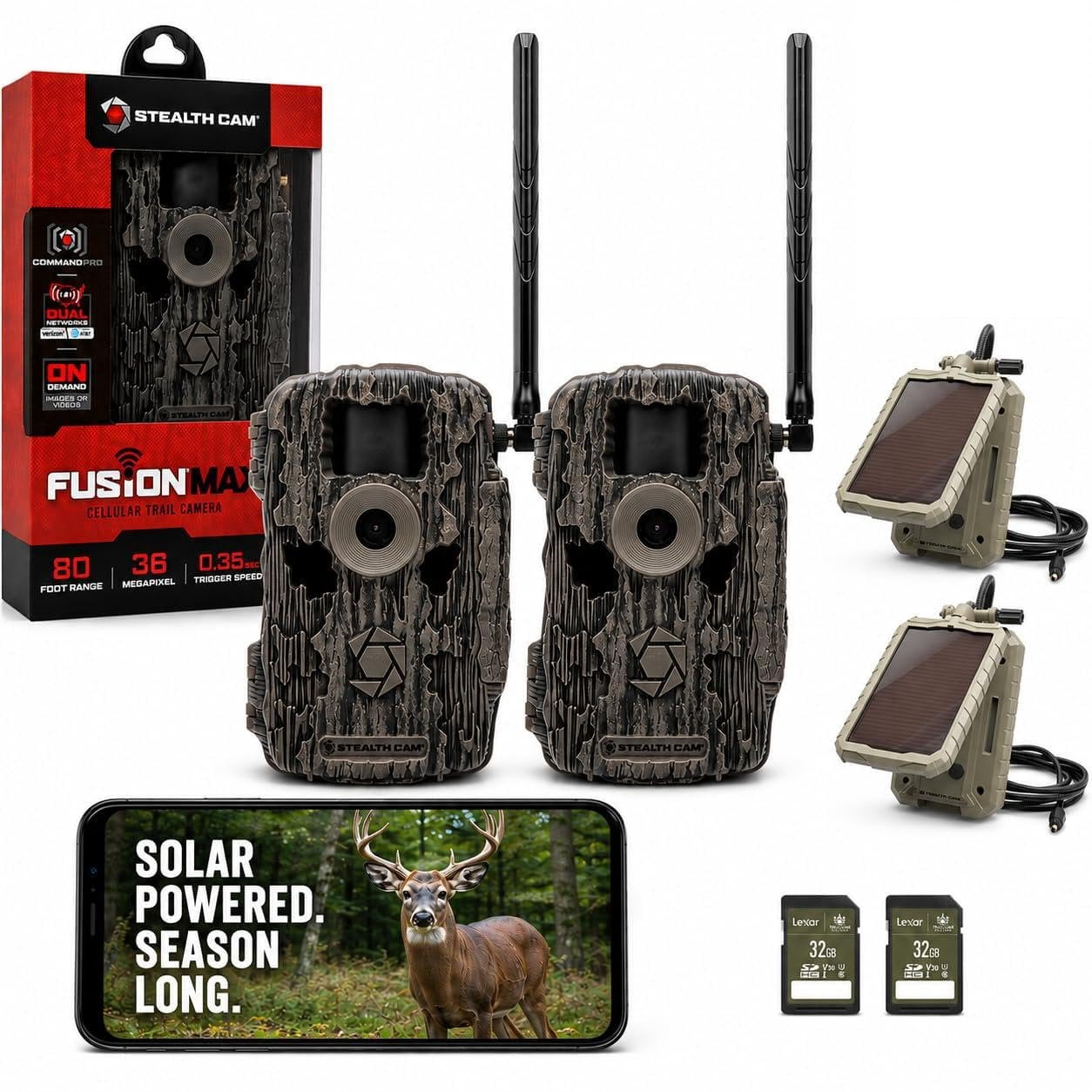 Stealth Cam Fusion MAX 36MP Cellular Trail Camera with Dual SIM AT&T & Verizon, 0.35s Trigger, 1080P Video, App Control, Includes Solar Panel, SD Card, & Cleaning Cloth 2PK