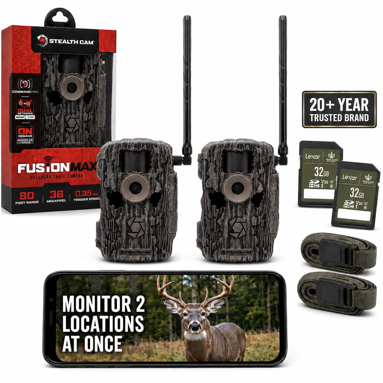 Stealth Cam Fusion MAX Cellular Trail Camera 2-Pack with 2 Lexar 32GB SD Cards  Dual SIM AT&T + Verizon  36MP Photo, 720P HD Video, 0.35 Sec Trigger Speed