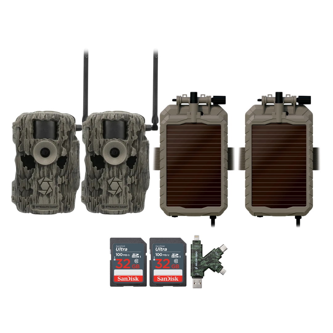 Stealth Cam Fusion MAX Dual Sim 36MP Trail Camera (2-Pack) Bundle with Stealth Cam Solar Battery, 32GB Memory Card, and Card Reader (6 Items)