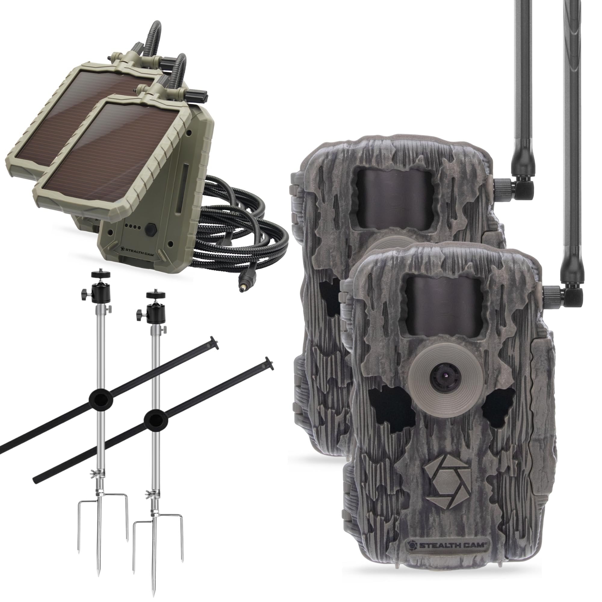 Stealth Cam Fusion X-Pro 2 Pack Dual Sim 36 MP Photo & 720P HD Video 0.4 Sec Trigger Speed Wireless Hunting Trail Camera - Available on AT&T & Verizon + Solar Panels and Mounting Poles