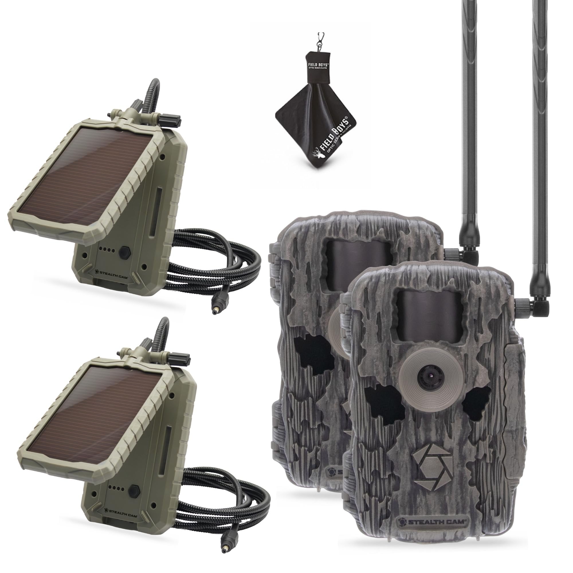 Stealth Cam Fusion X-Pro 2 Pack Dual Sim 36 MP Photo & 720P HD Video 0.4 Sec Trigger Speed Wireless Hunting Trail Camera - Available on AT&T & Verizon + Solar Panels and Cleaning Cloth