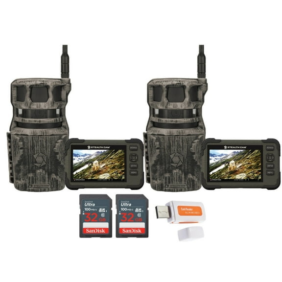 Stealth Cam Revolver 36MP 360-Degree Cellular Trail Camera (2-Pack) Bundle with Stealth Cam SD Card Reader and Viewer (2-Pack), 32GB Memory Card (2-Pack), and Reader and Writer (7 Items)