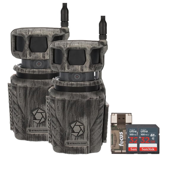 Stealth Cam Revolver 36MP 360 Degree Cellular Trail Camera 2-Pack with Two 32GB Memory Cards and Card Reader