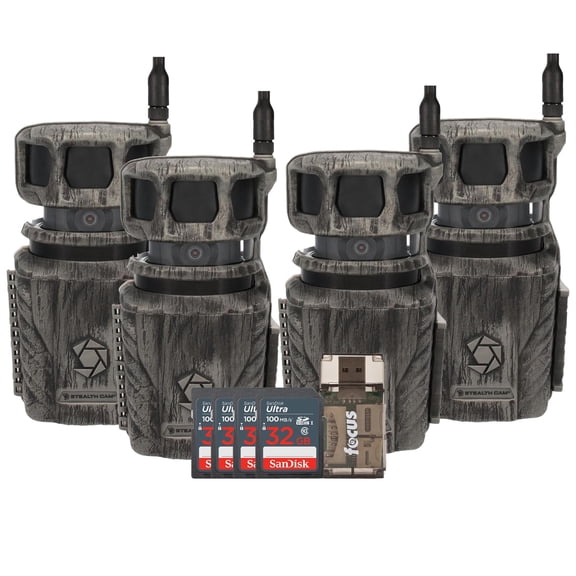 Stealth Cam Revolver 36MP 360 Degree Cellular Trail Camera 4-Pack with Four 32GB Memory Cards and Card Reader