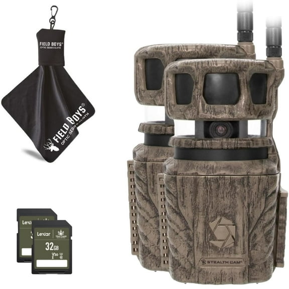 Stealth Cam Revolver 36MP Trail Camera with 1080P HD Video at 30 FPS, 0.4 Sec Trigger Speed, 360 Panoramic View, Built-in GPS, Verizon/AT&T Cellular 2pk, 32GB SD Cards, & Microfiber Cleaning Cloth