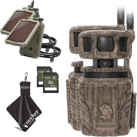 Stealth Cam Revolver 36MP Trail Camera with 1080P HD Video at 30 FPS, 0.4 Sec Trigger Speed, 360 Panoramic View, Built-in GPS, Verizon/AT&T Cellular, 32GB SD Card, Cloth, and Solar Panel 2 PK