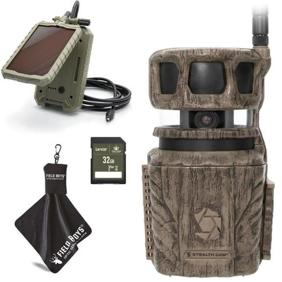 Stealth Cam Revolver 36MP Trail Camera with 1080P HD Video at 30 FPS, 0.4 Sec Trigger Speed, 360 Panoramic View, Built-in GPS, Verizon/AT&T Cellular, 32GB SD Card, Cloth, and Solar Panel