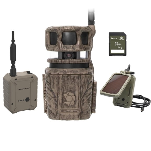 Stealth Cam Revolver 36MP Trail Camera with 1080P HD Video at 30 FPS, 0.4 Sec Trigger Speed, 360 Panoramic View, Built-in GPS, Verizon/AT&T Cellular, External Battery, Solar Panel, 32GB SD Card