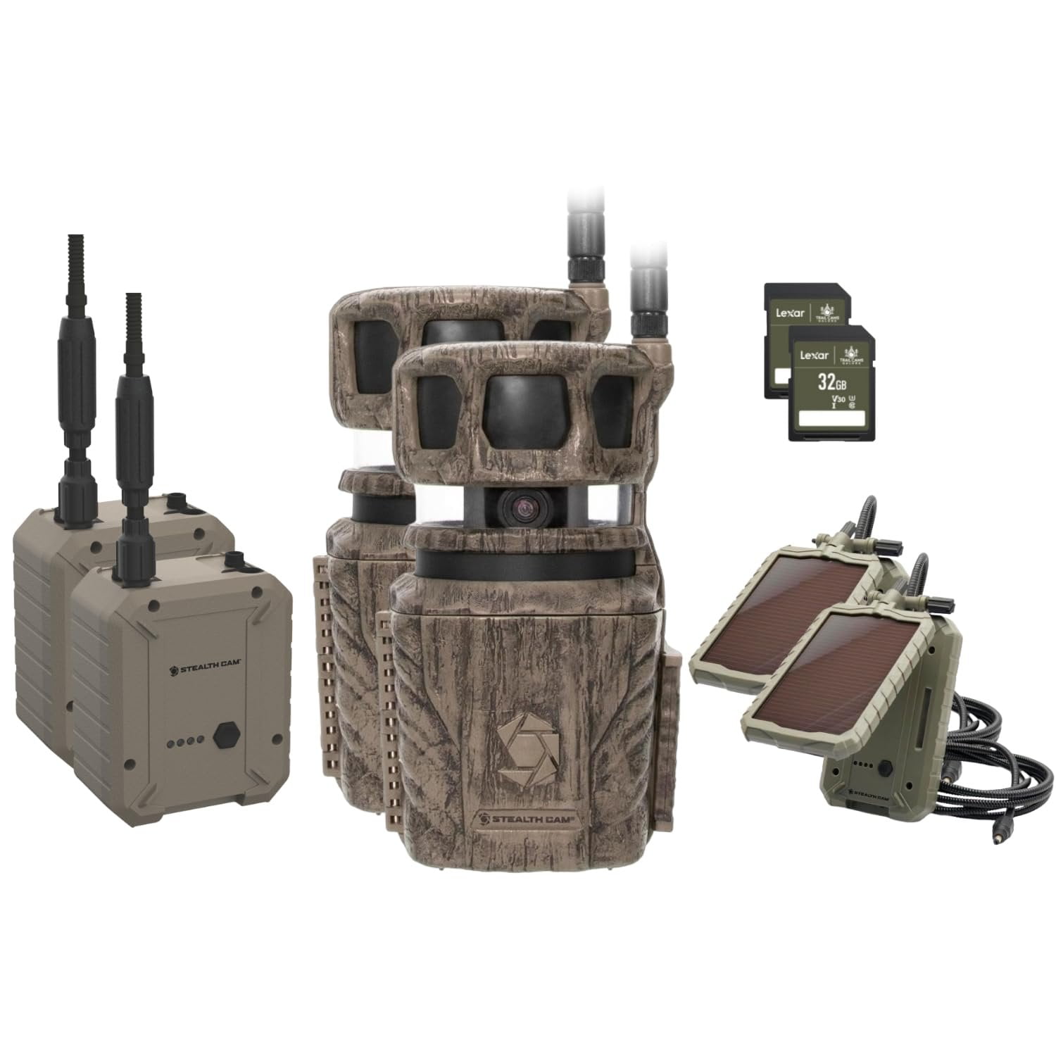 Stealth Cam Revolver 36MP Trail Camera with 1080P HD Video at 30 FPS, 0.4 Sec Trigger Speed, 360 Panoramic View, Built-in GPS, Verizon/AT&T Cellular, External Battery, Solar Panel, 32GB SD Card 2PK
