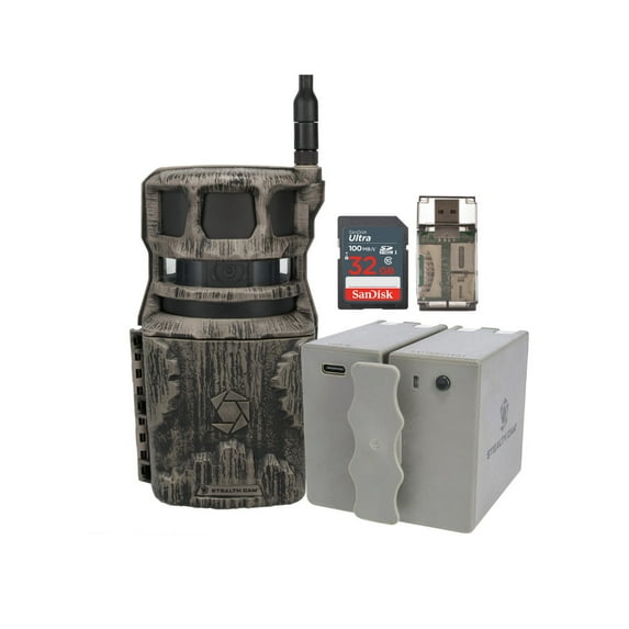Stealth Cam Revolver 40MP Pro 360-Degree Cellular Trail Camera with 0.25-Inch Threaded Mount Bundle with 5400mAh Rechargeable Lithium Battery Pack, 32GB Memory Card, and Card Reader (4 Items)