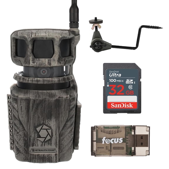 Stealth Cam Revolver 40MP Pro 360-Degree Cellular Trail Camera with 1/4-Inch Mount Bundle with Economy Trail Camera Holder, 32GB Ultra SDHC Memory Card, and SD USB 2.0 Card Reader (4 Items)