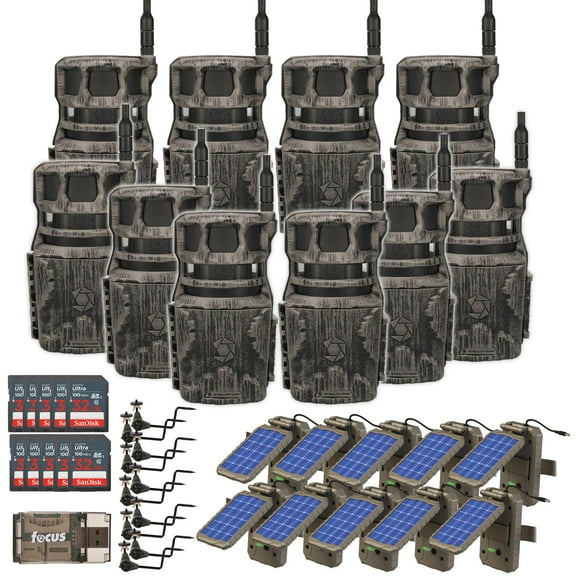 Stealth Cam Revolver 40MP Pro 360-Degree Cellular Trail Camera (10-Pack) Bundle with Solar Power Panel(10-Pack), Trail Camera Holder (10-Pack), 32GB Memory Card (10-Pack), and Card Reader (41 Items)