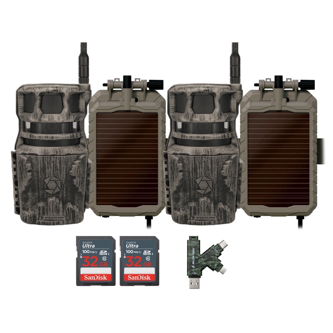 Stealth Cam Revolver 40MP Pro 360 Degree Cellular Trail Camera (2-Pack) Bundle with Lithium Solar Power Panel (2-Pack), 32GB Ultra SDHC UHS-I Memory Card (2-Pack), and SD Card Reader (7 Items)