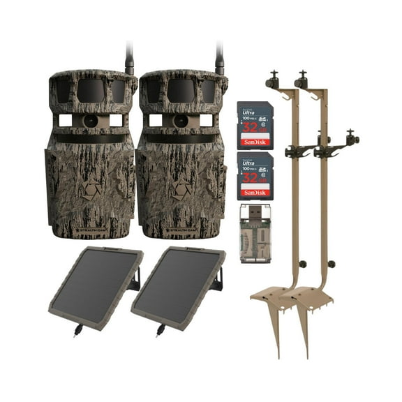 Stealth Cam Revolver 40MP Pro 360-Degree Cellular Trail Camera (2-Pack) Bundle with Mounting Post (2-Pack), Solar Battery Pack (2-Pack), 32GB Memory Card (2-Pack), and SD Card Reader (9 Items)