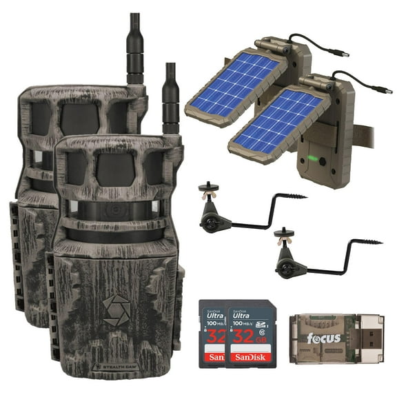 Stealth Cam Revolver 40MP Pro 360-Degree Cellular Trail Camera (2-Pack) Bundle with Solar Power Panel(2-Pack), Trail Camera Holder (2-Pack), 32GB Memory Card (2-Pack), and Card Reader (9 Items)